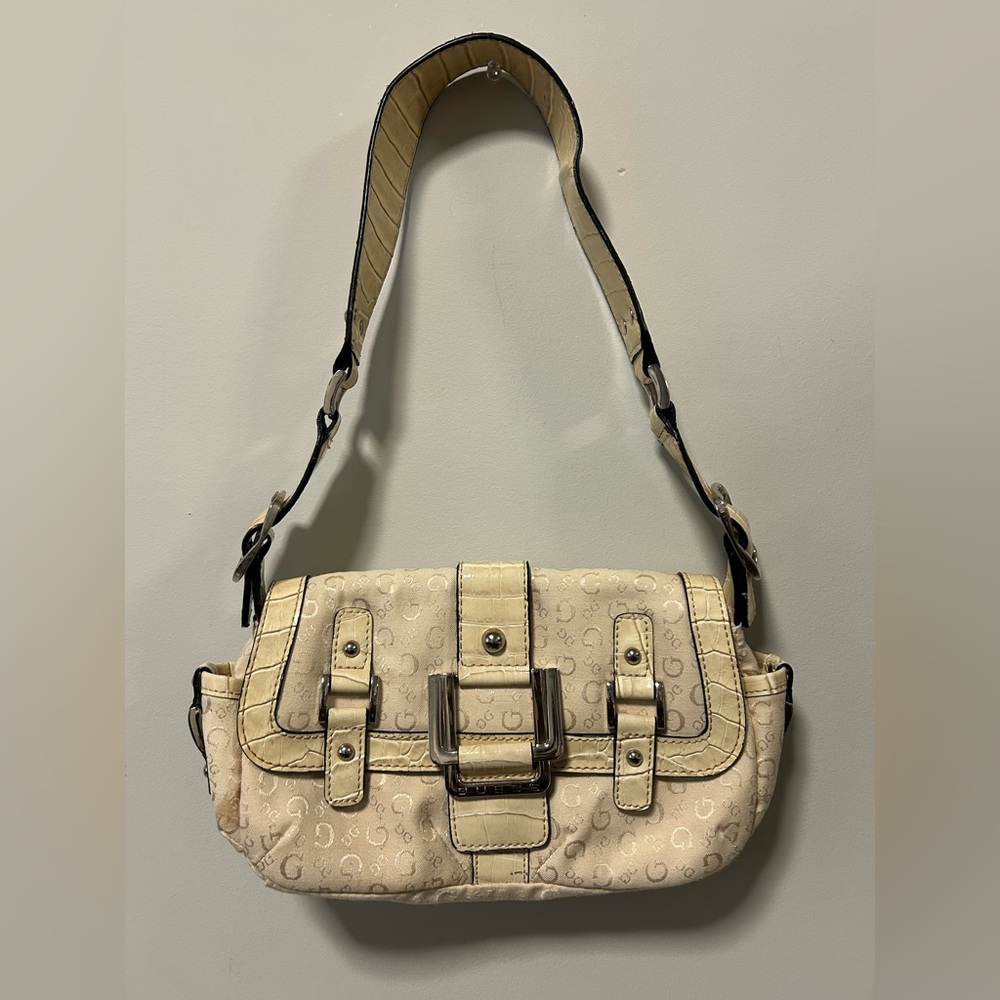 Vintage Guess Cream Shoulder Bag with Buckle Accents